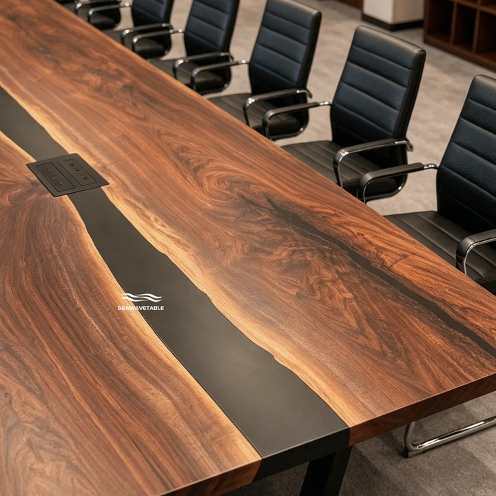 Precision-crafted Black Walnut meeting table CRT-338 with architectural resin channel