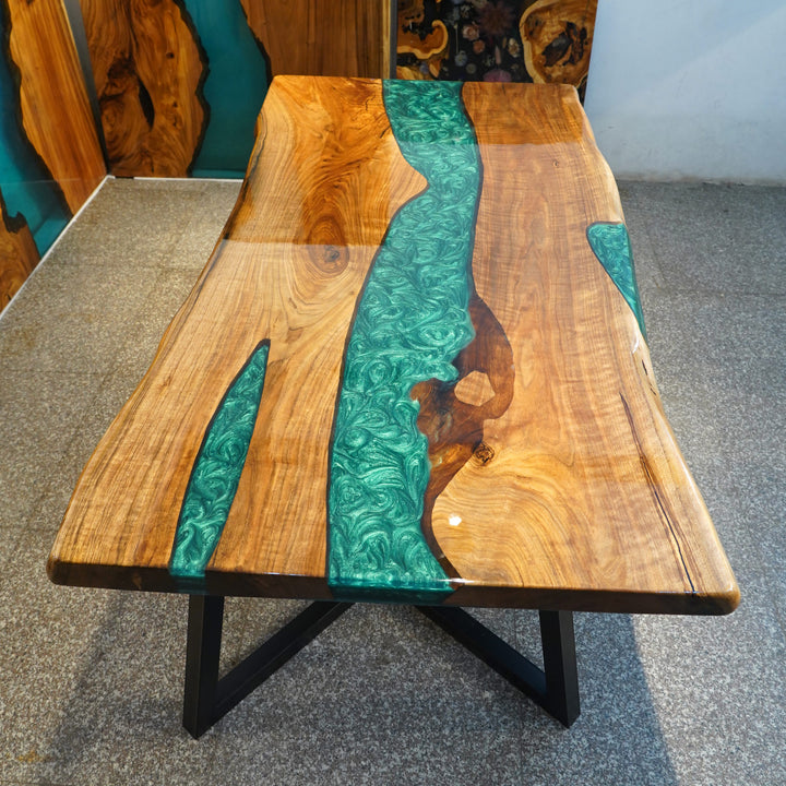 Premium epoxy table with solid walnut slab and black resin 