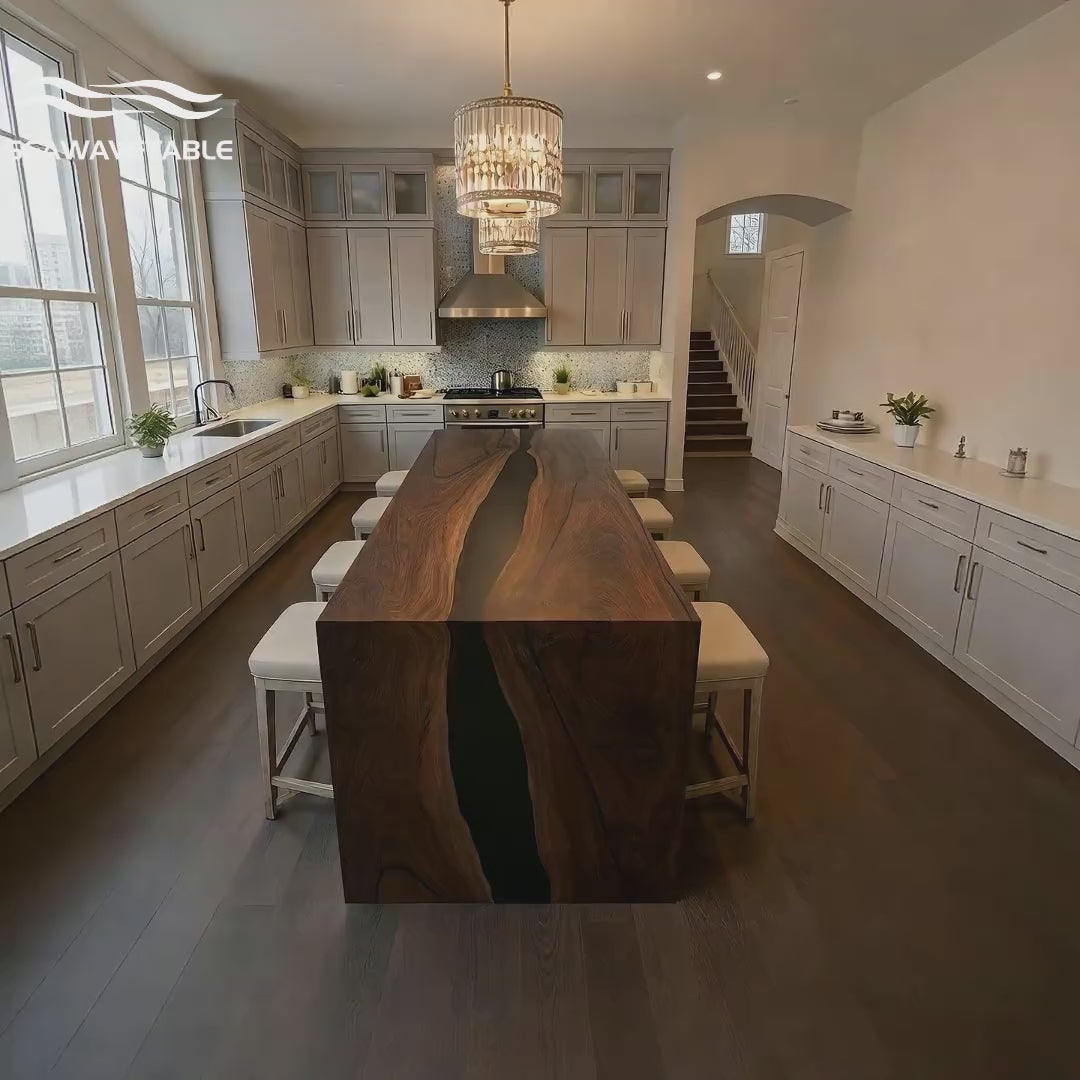 Luxury black walnut epoxy waterfall table with live edge and glossy resin river by SeawaveTable