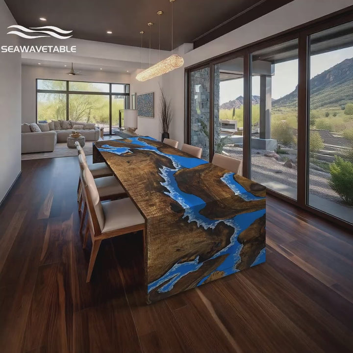 Seawavetable- luxury epoxy island table black walnut blue river kitchen table