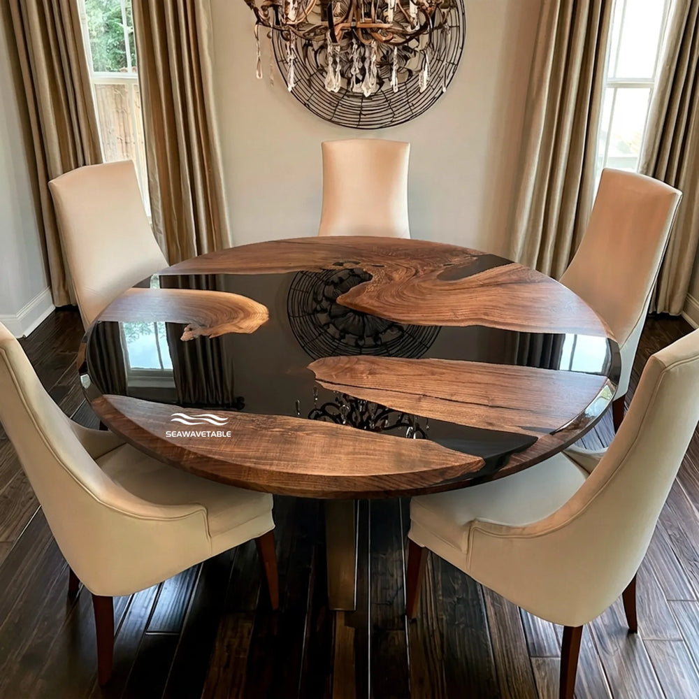 Round Black Walnut dining table with transparent black epoxy by SeawaveTable