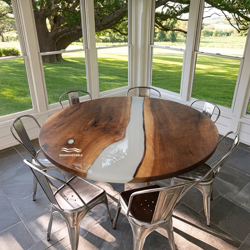 Round Black Walnut dining table with Smoky Gray epoxy by SeawaveTable