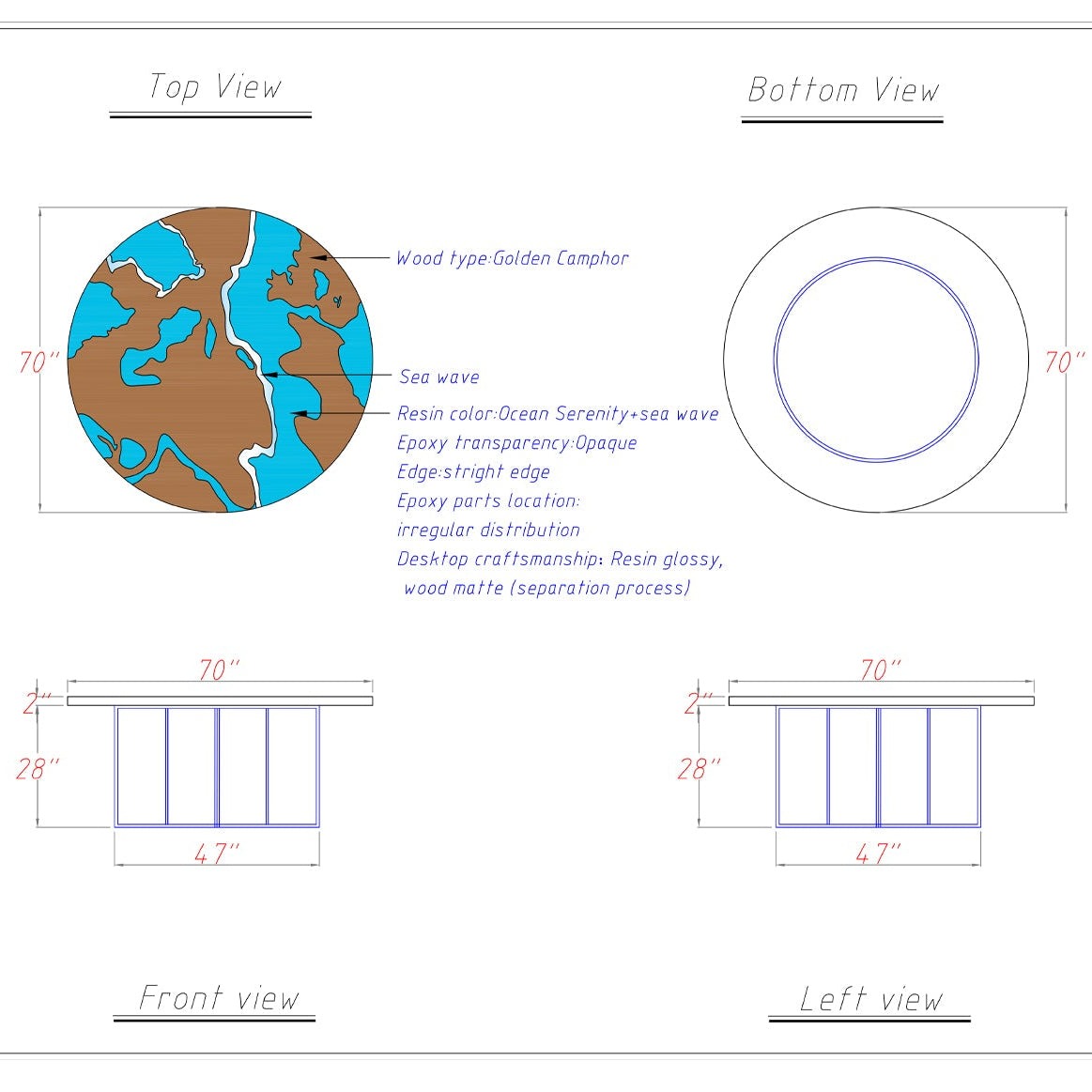 Round dining table made of Golden Camphor wood with Ocean Serenity wave resin pattern