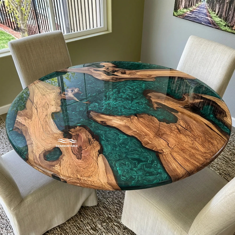 Round Olive Wood and Emerald Green epoxy resin dining table