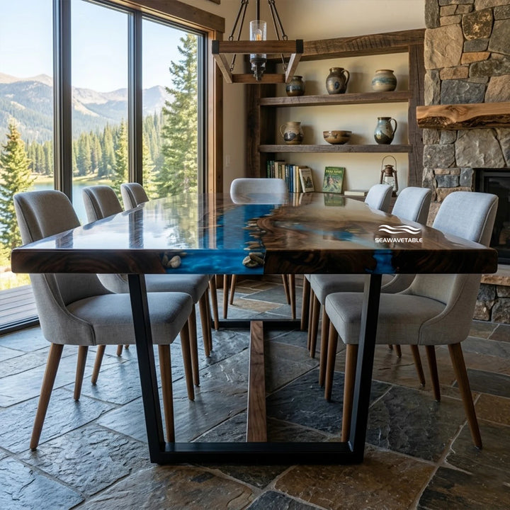 Sculptural river landscape dining table CRT-343 handcrafted from Black Walnut and resin