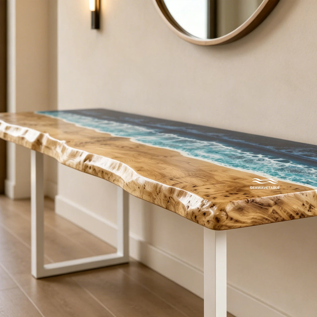 Sculptural seaside console table CRT-344 with natural Poplar burl and blue resin