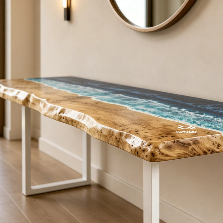 Sculptural seaside console table CRT-344 with natural Poplar burl and blue resin