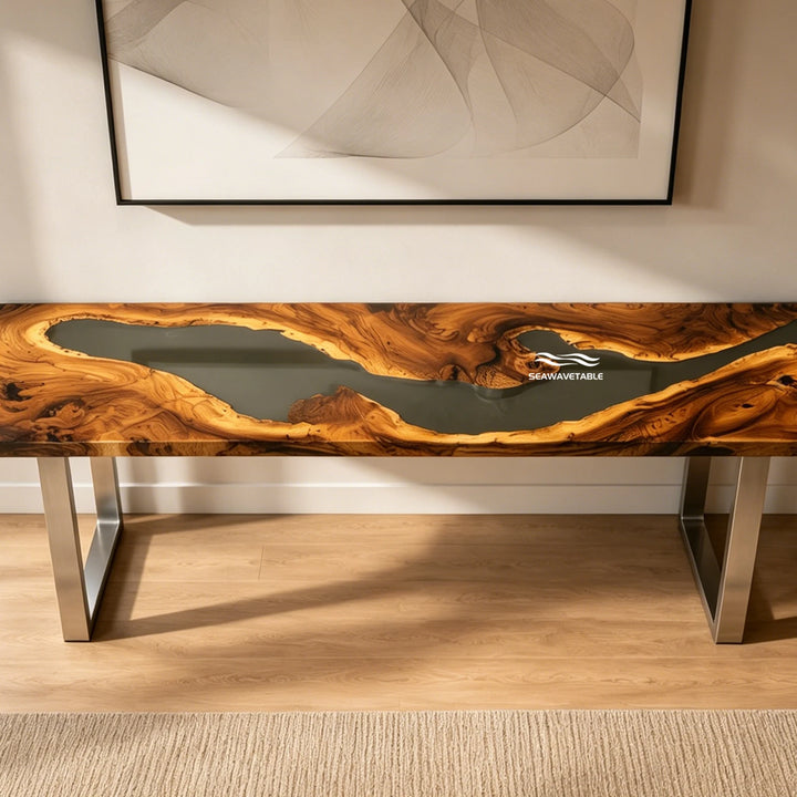 Sculptural Walnut shadow river console table CRT-345 with obsidian resin aesthetic