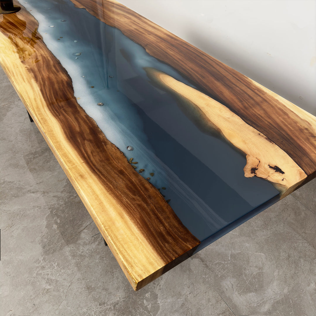 Solid walnut dining table with transparent blue resin river, coastal dining table near San Diego