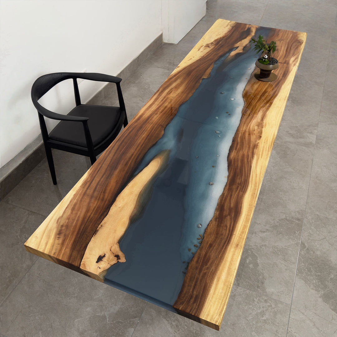 In-stock walnut river dining table with deep blue transparent resin, coastal style dining table near Miami