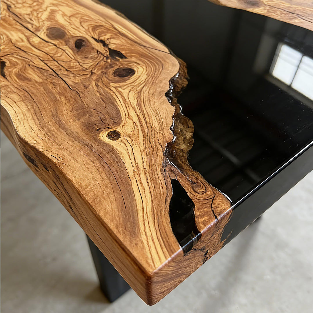 SeawaveTable 2 inch thick olive wood epoxy river table side profile detail