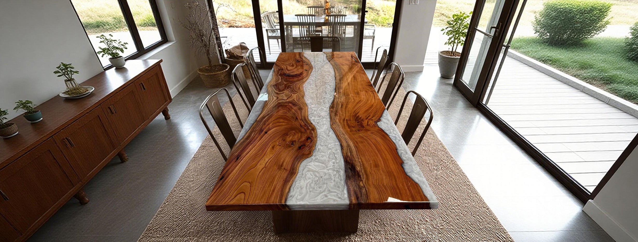 SeawaveTable beech wood white silver epoxy dining table in modern interior setting