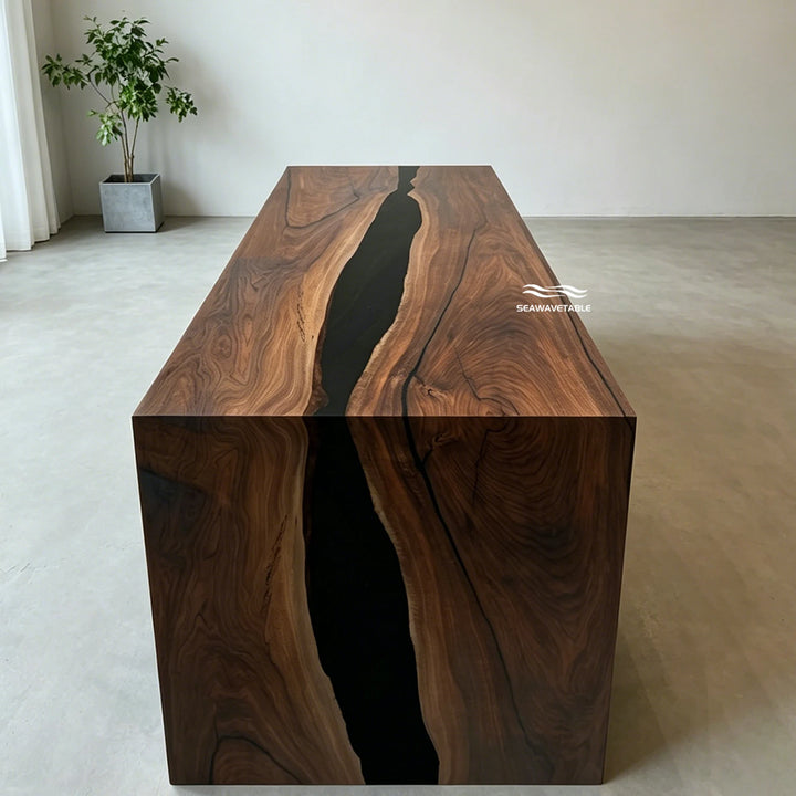 SeawaveTable black epoxy river detail on walnut waterfall table surface