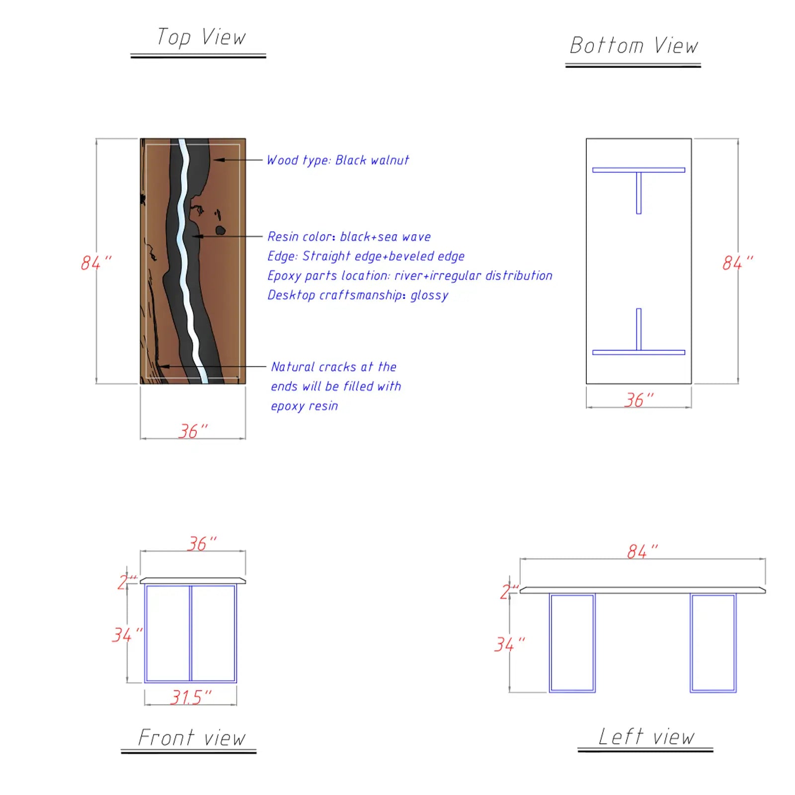 SeawaveTable black epoxy pouring with stone inlay and wave design for custom black walnut river table