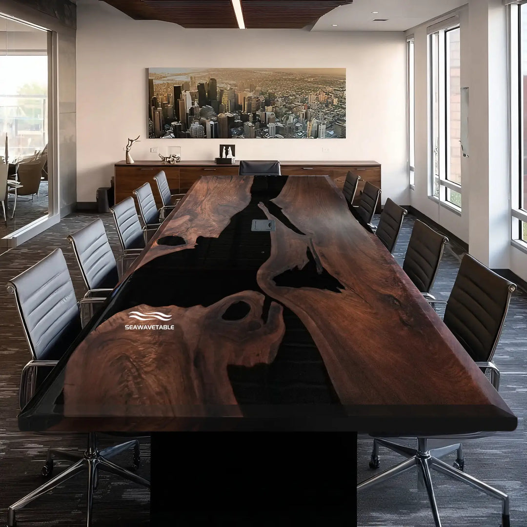 SeawaveTable black walnut black epoxy conference table with built in power outlet in modern meeting room