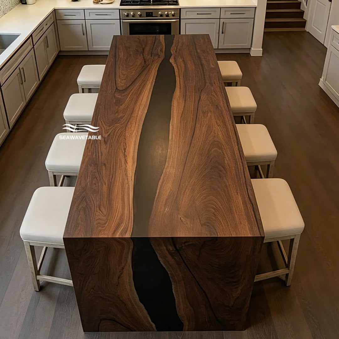 SeawaveTable black walnut black epoxy waterfall table WF-10 matte finish main view