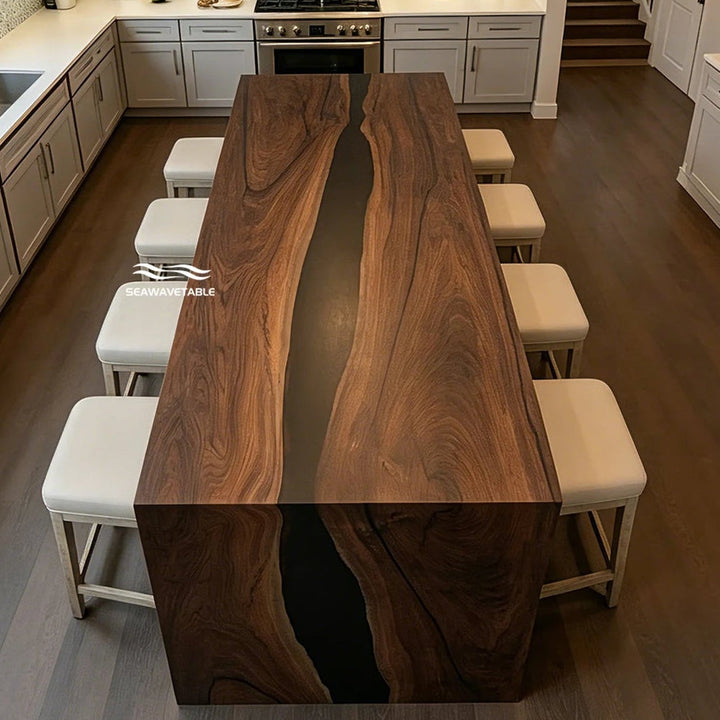 SeawaveTable black walnut black epoxy waterfall table WF-10 matte finish main view