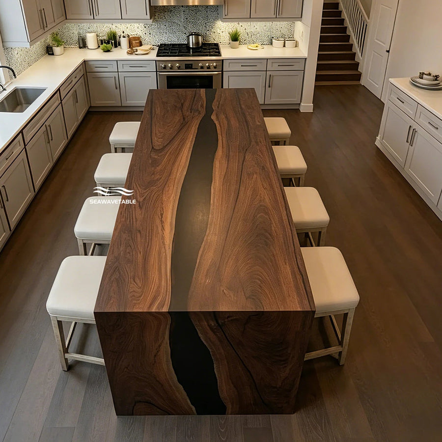 SeawaveTable black walnut black epoxy waterfall table WF-10 matte finish main view