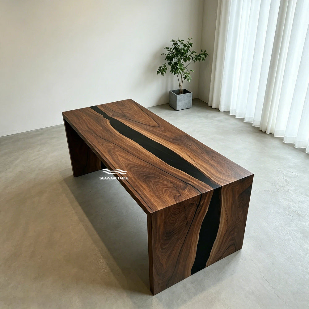SeawaveTable black walnut epoxy waterfall dining table with black resin matte finish