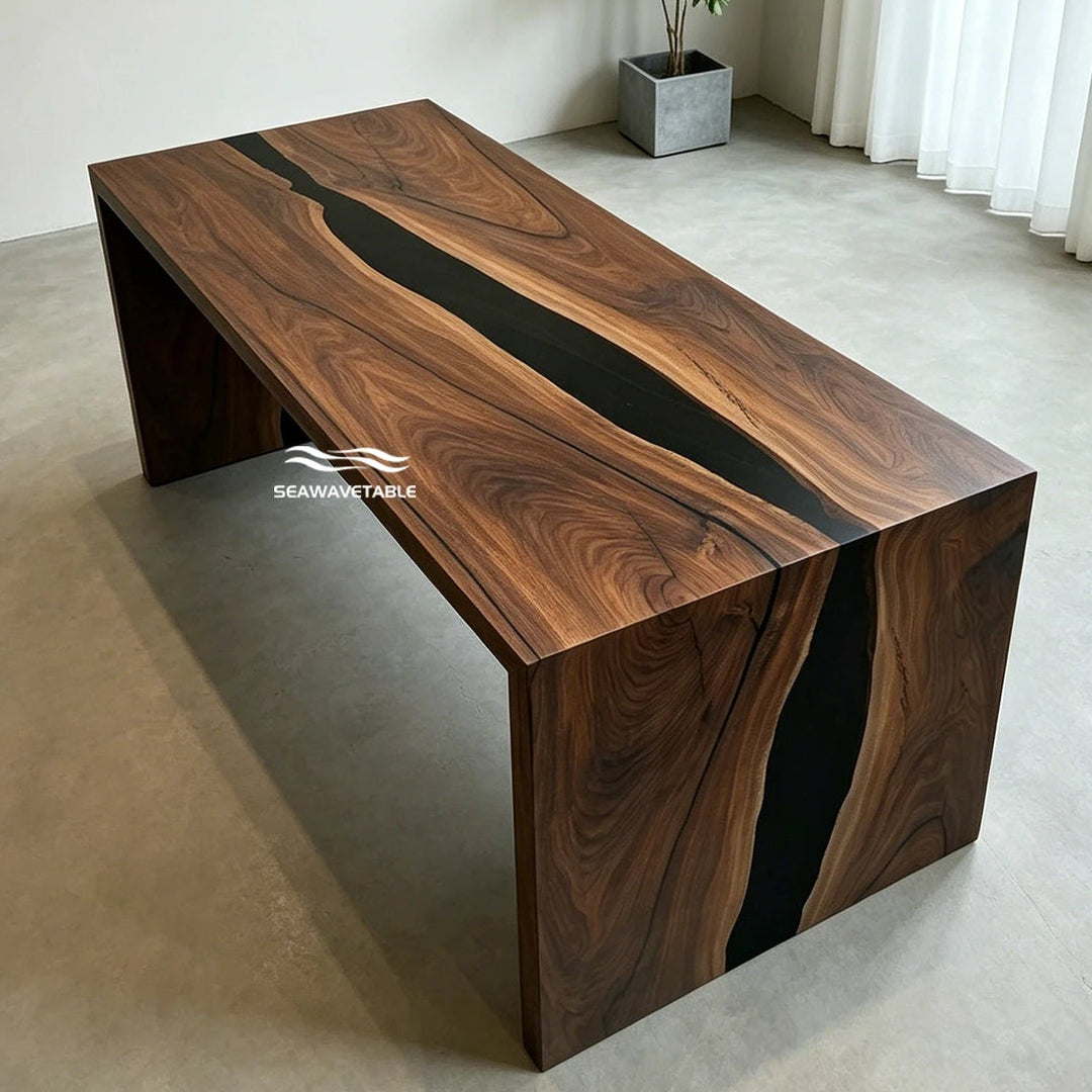 SeawaveTable black walnut epoxy waterfall dining table with black resin matte finish