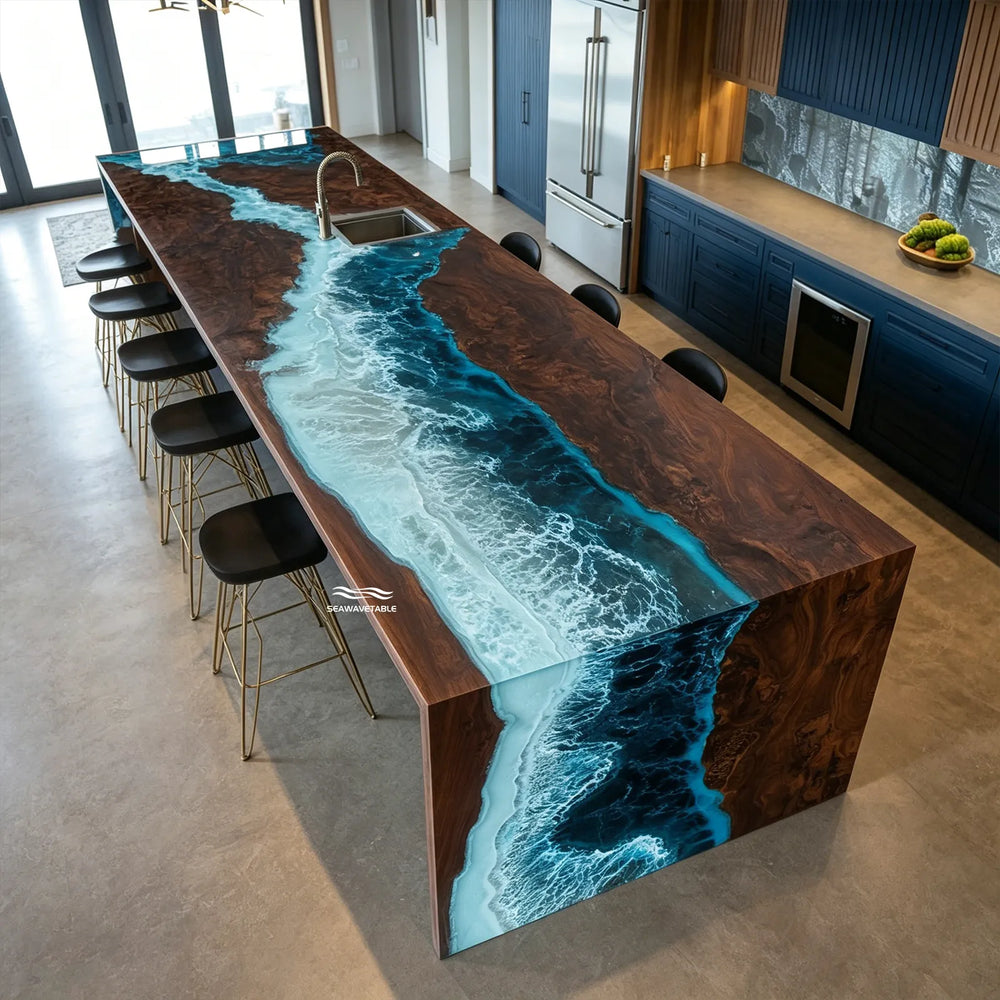 black walnut epoxy waterfall kitchen island countertop with integrated sink