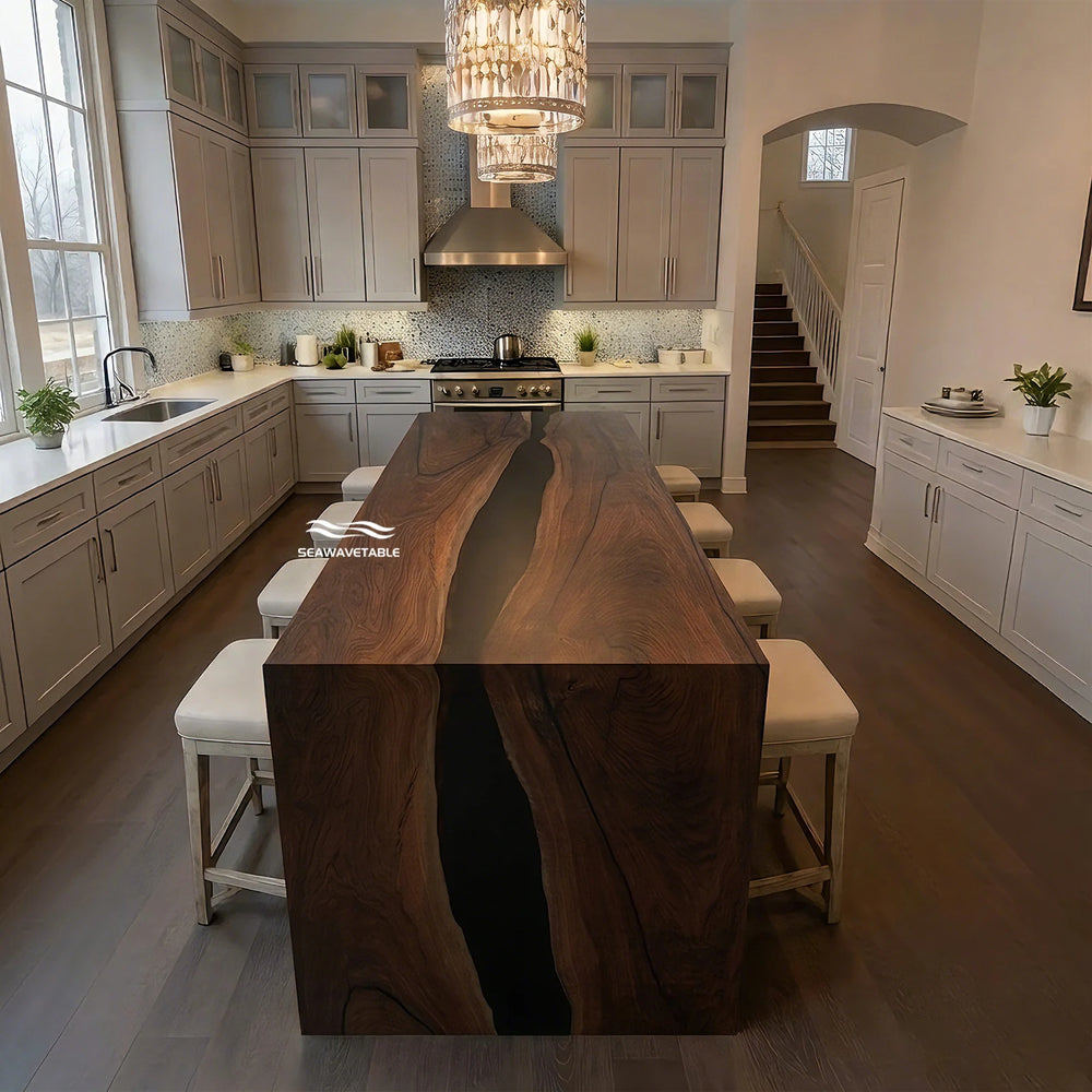 SeawaveTable black walnut epoxy waterfall kitchen island table matte black resin