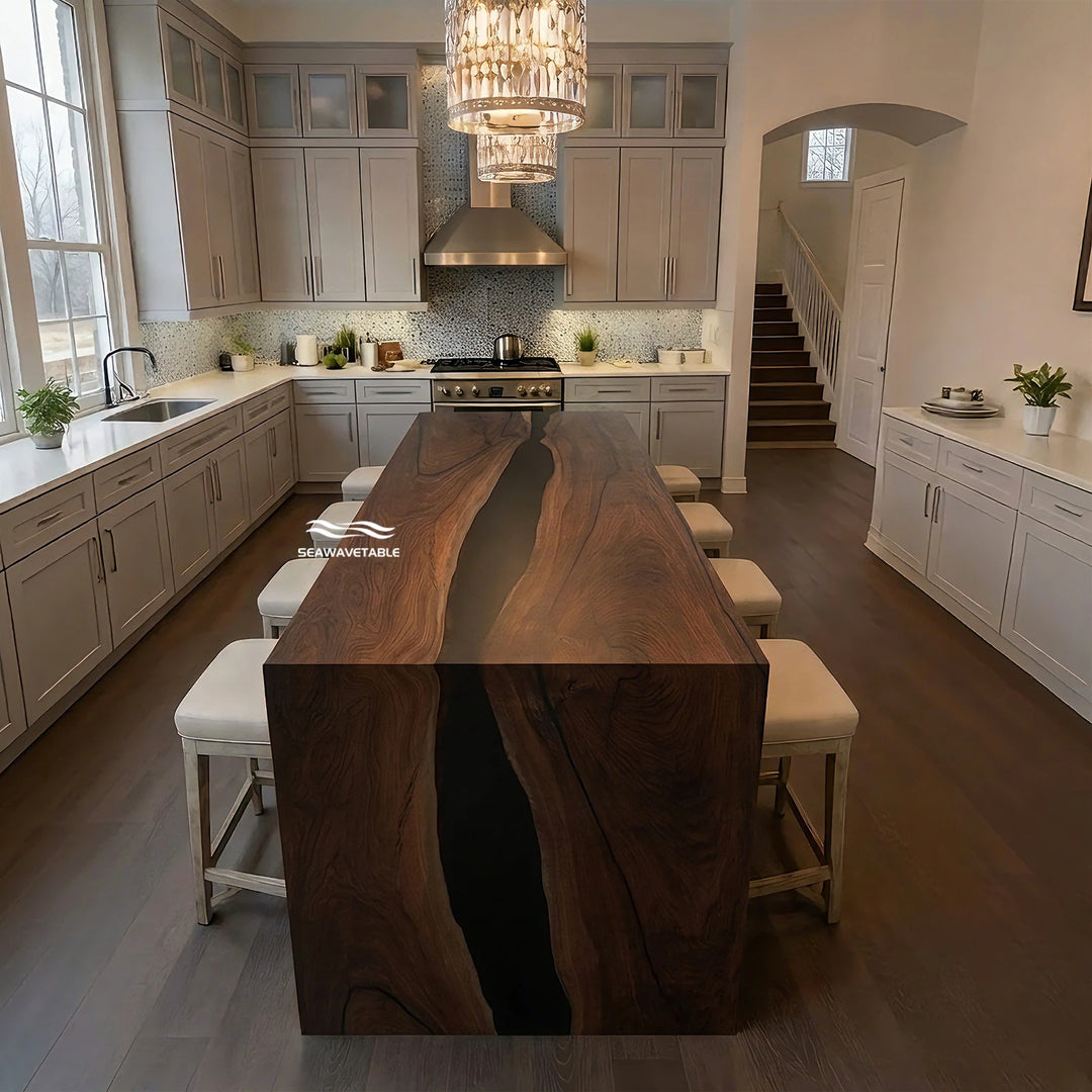 SeawaveTable black walnut epoxy waterfall kitchen island table matte black resin