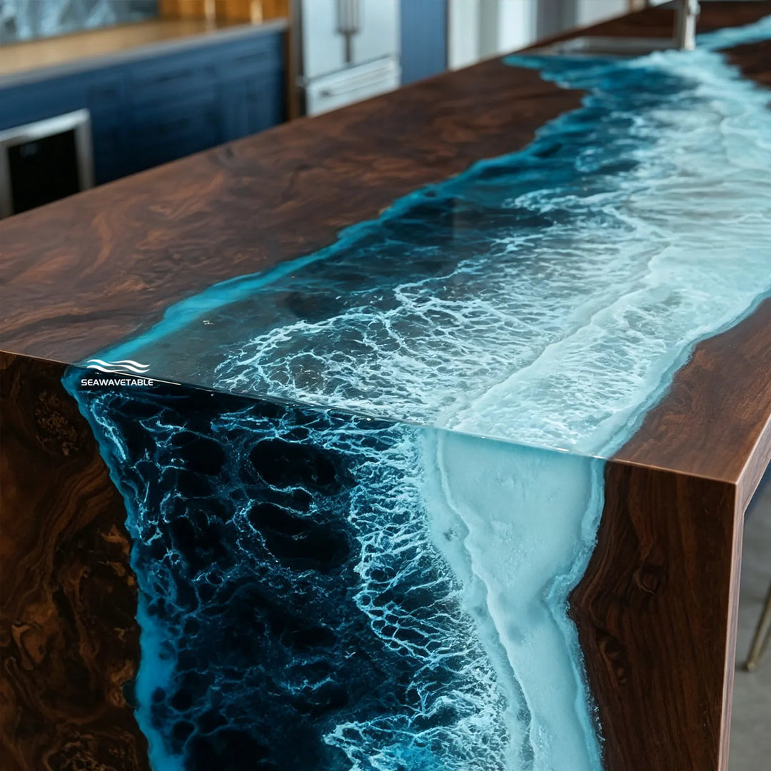 epoxy river detail on black walnut waterfall countertop surface