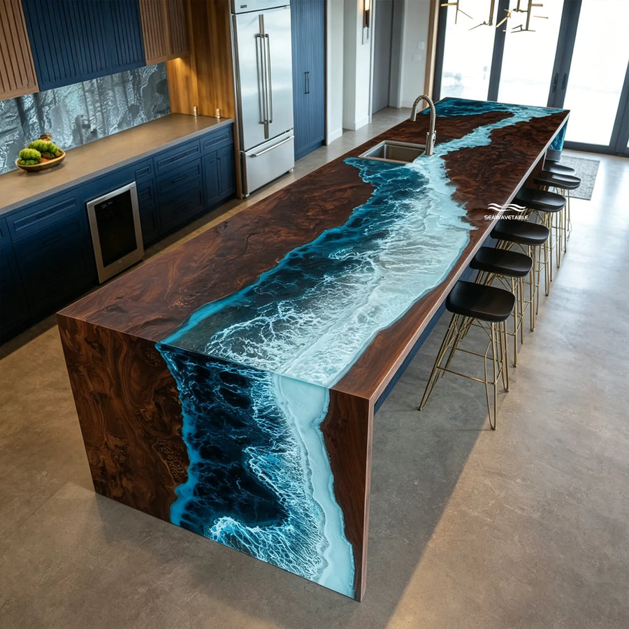 black walnut epoxy waterfall countertop with sink WF-05 by SeawaveTable main view