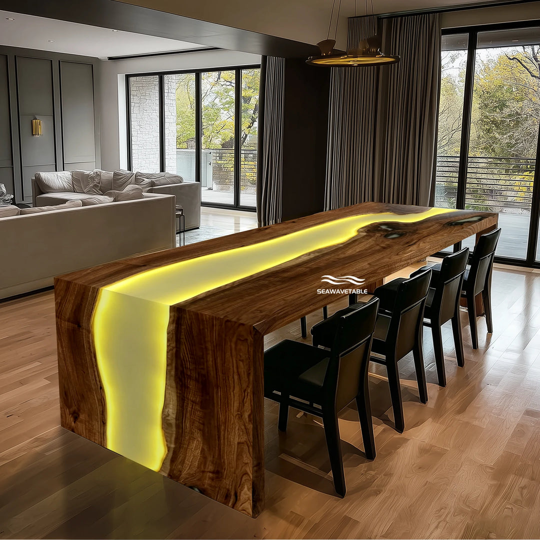 black walnut lunar silk epoxy LED waterfall table WF-05 by SeawaveTable main view