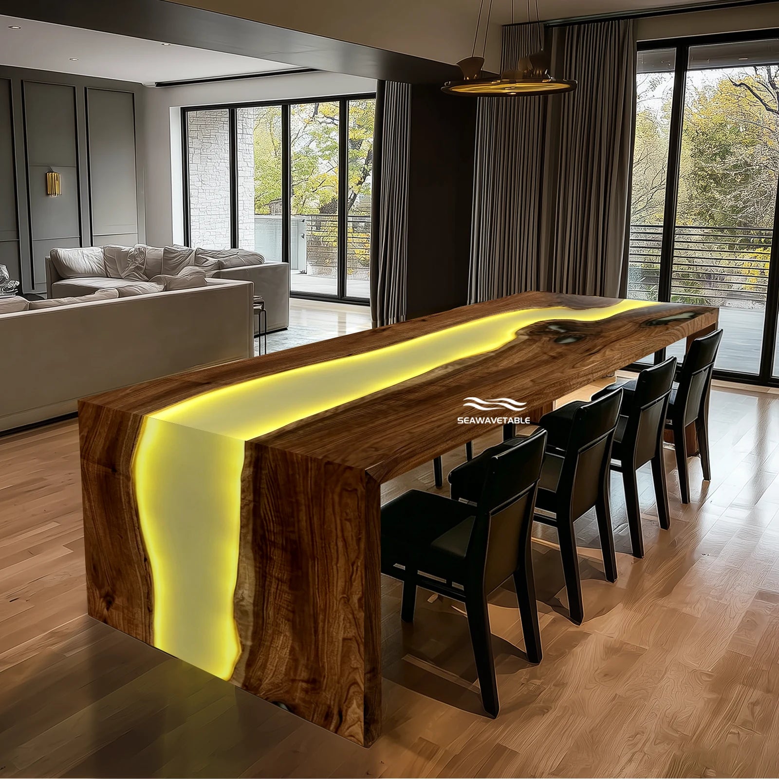 black walnut lunar silk epoxy LED waterfall table WF-05 by SeawaveTable main view