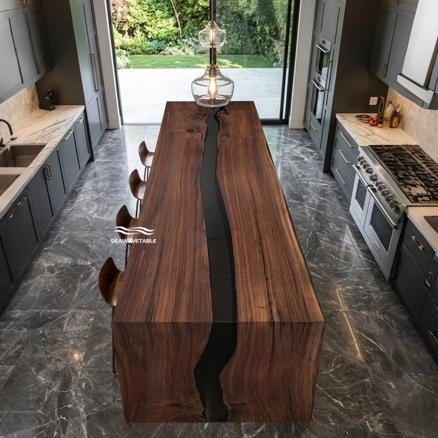 SeawaveTable black walnut semi-transparent black epoxy waterfall table WF-12 main view