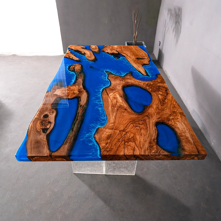 SeawaveTable blue epoxy resin wave detail with high gloss finish and ocean effect