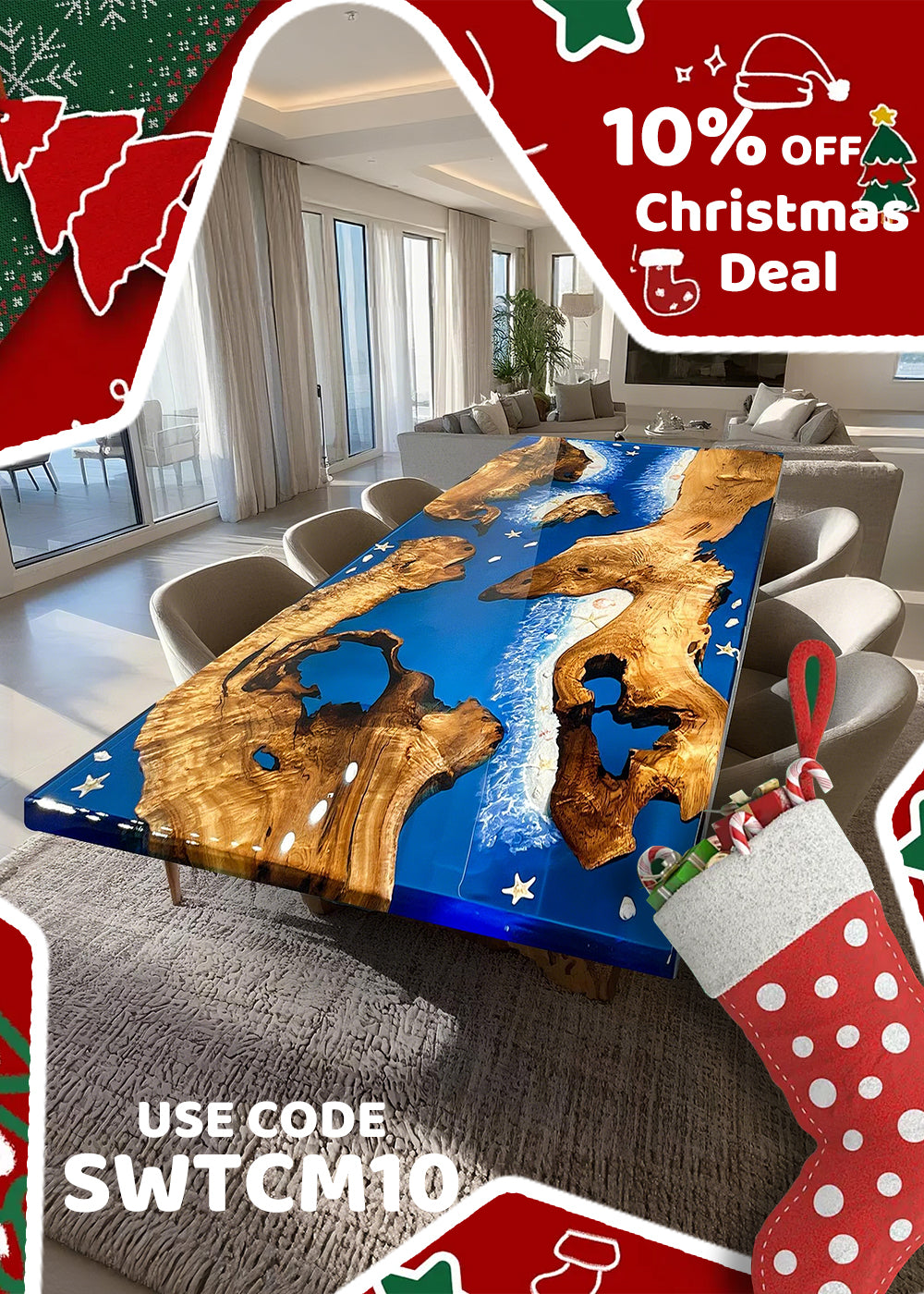Christmas promotion poster featuring Seawavetable resin river dining table