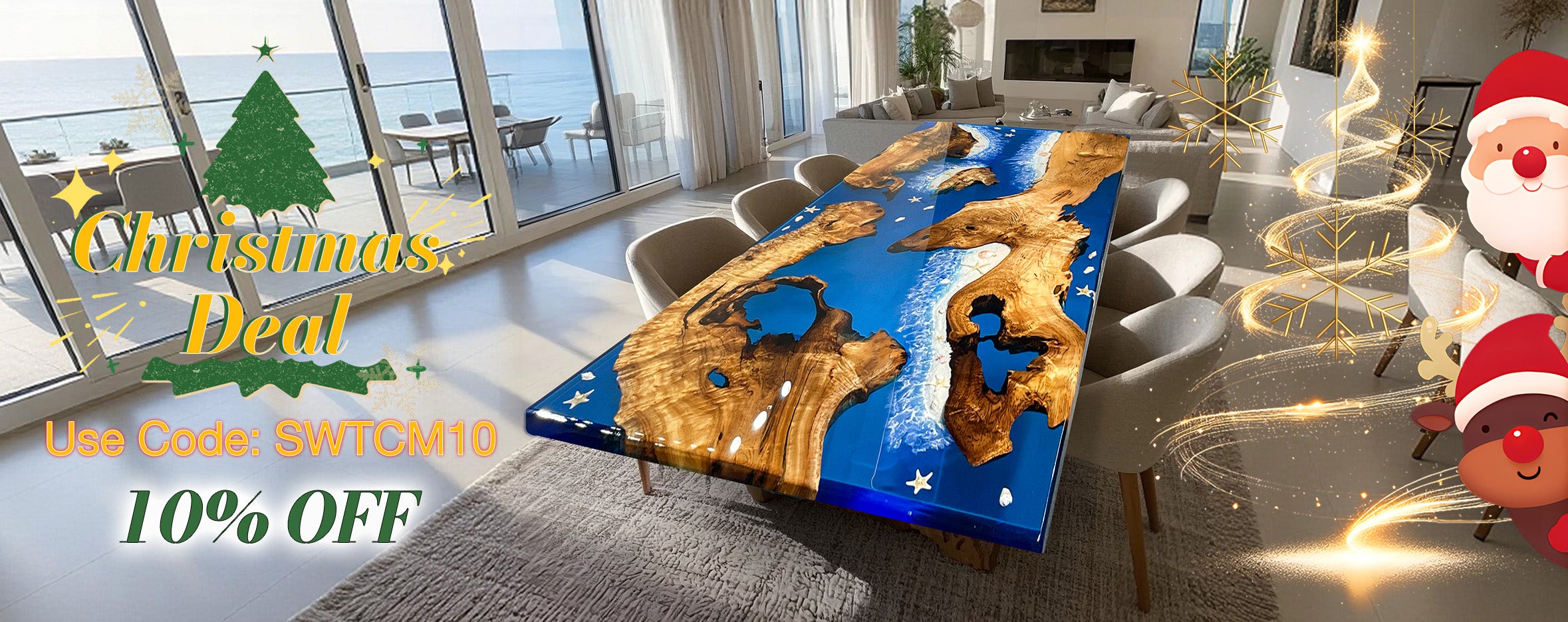 Seawavetable Christmas holiday banner with festive red theme and custom epoxy table