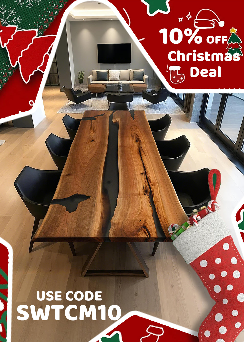 Christmas-themed interior with Seawavetable walnut table and festive decorations