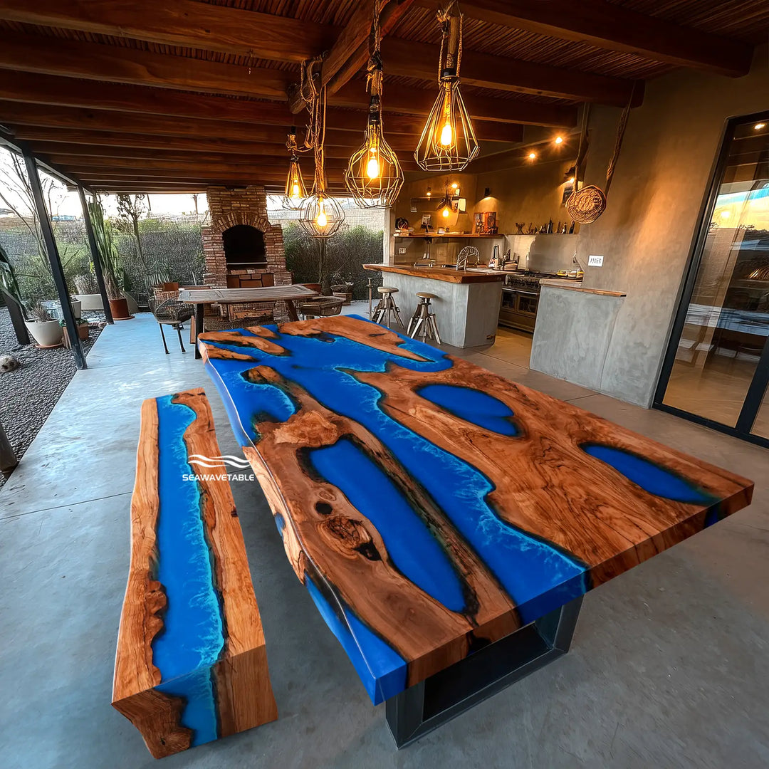 SeawaveTable coastal style olive wood epoxy wave dining table with blue resin and glossy finish