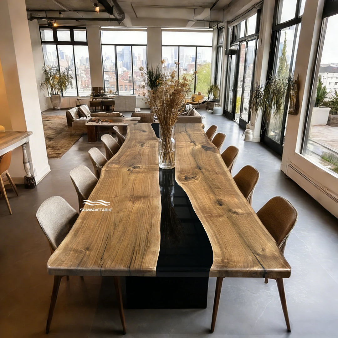 SeawaveTable CRT-283 luxury live edge black walnut epoxy river dining table with deep midnight black resin