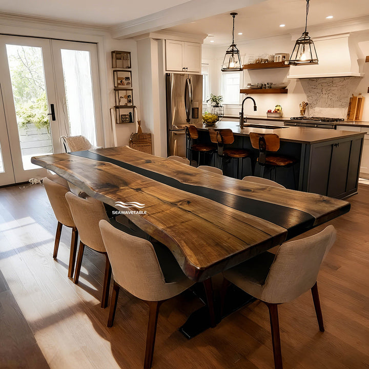 SeawaveTable CRT-283 handcrafted luxury black walnut live edge dining table with midnight black resin river