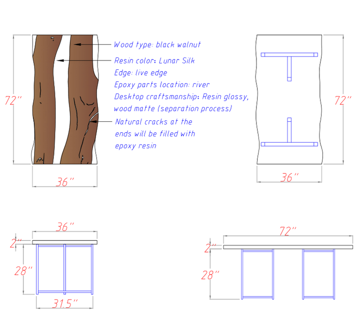 Technical drawing of a wooden desk with dimensions and material details.