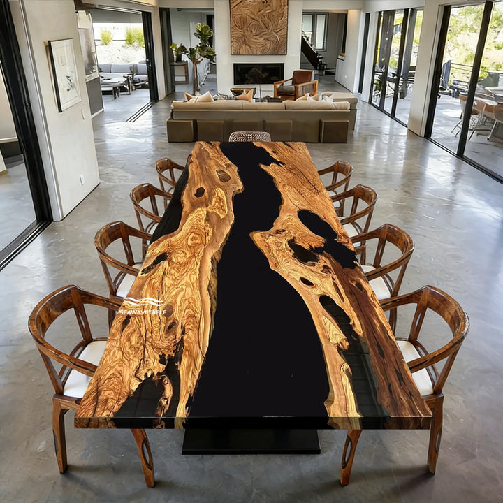 SeawaveTable custom olive wood black epoxy river table in luxury interior space with live edge design