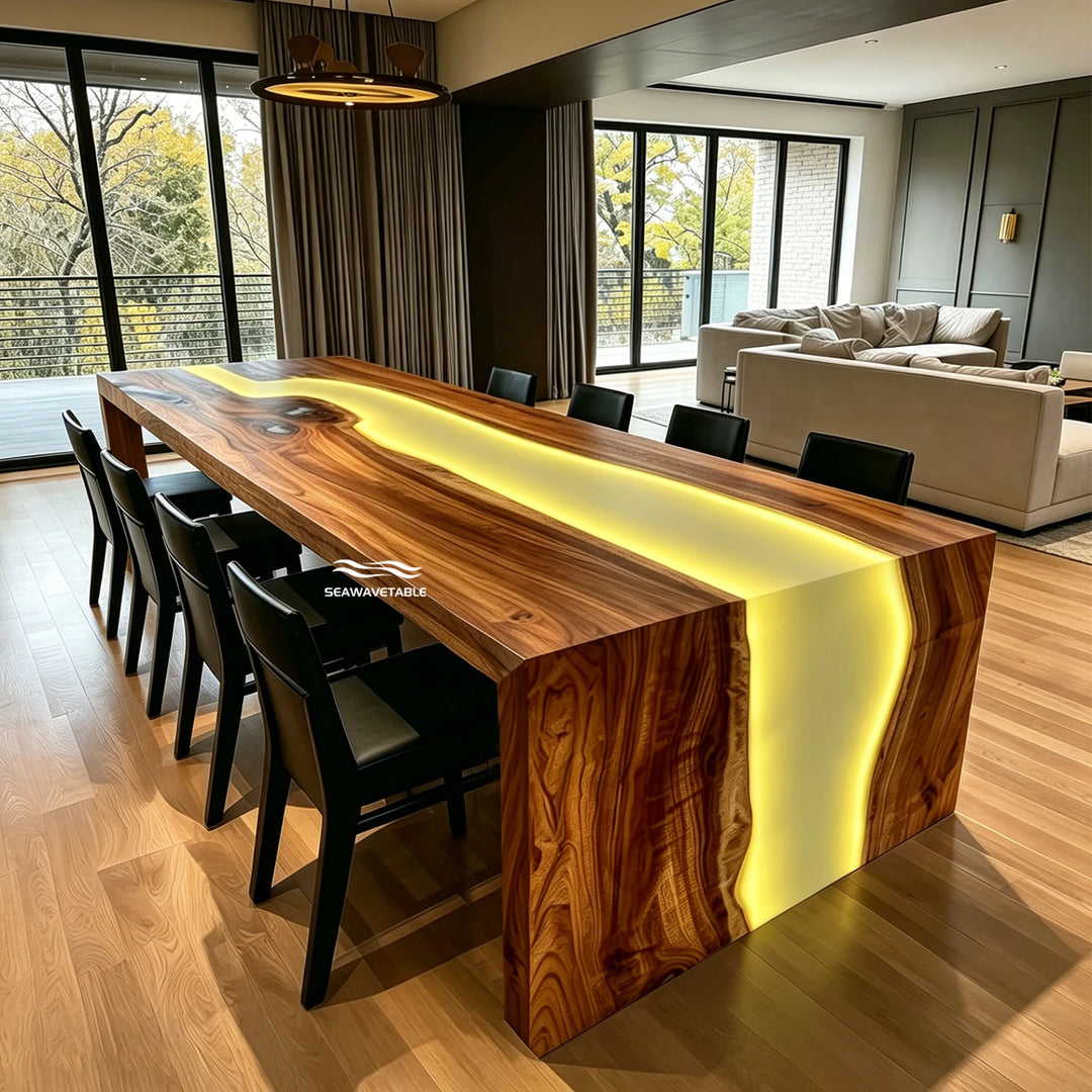 black walnut epoxy LED waterfall kitchen island table with integrated lighting