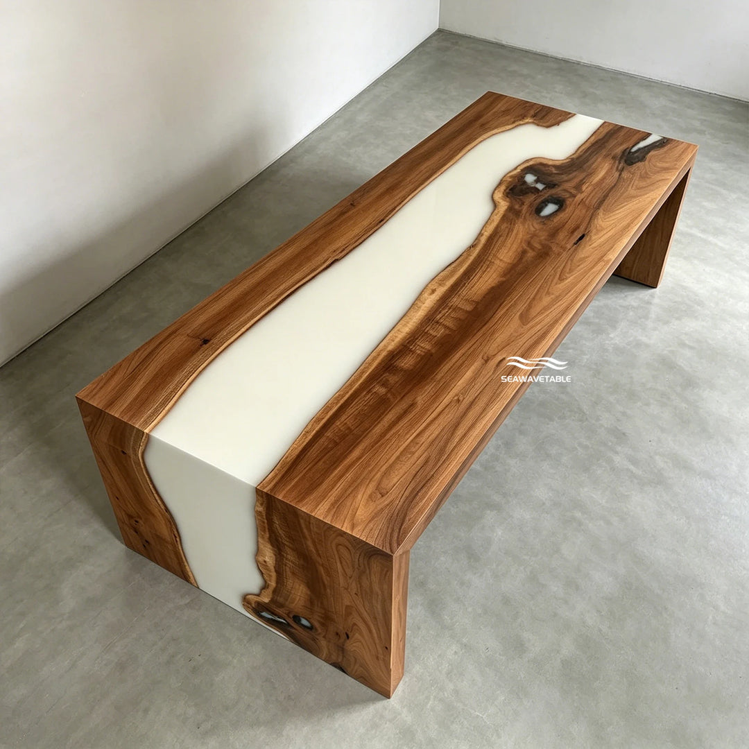 epoxy river LED glow effect detail on black walnut table