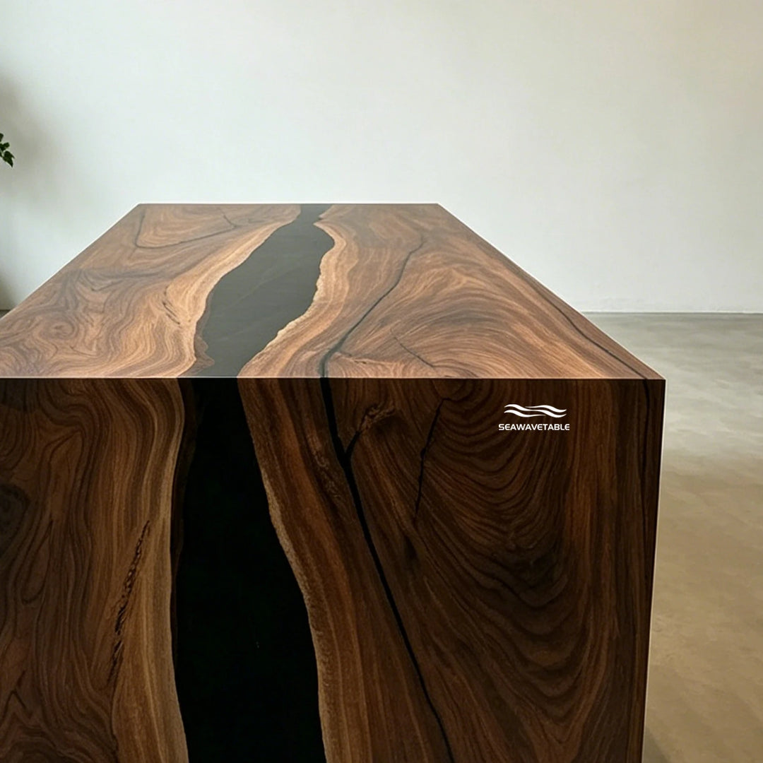 SeawaveTable epoxy pouring process for black walnut waterfall table