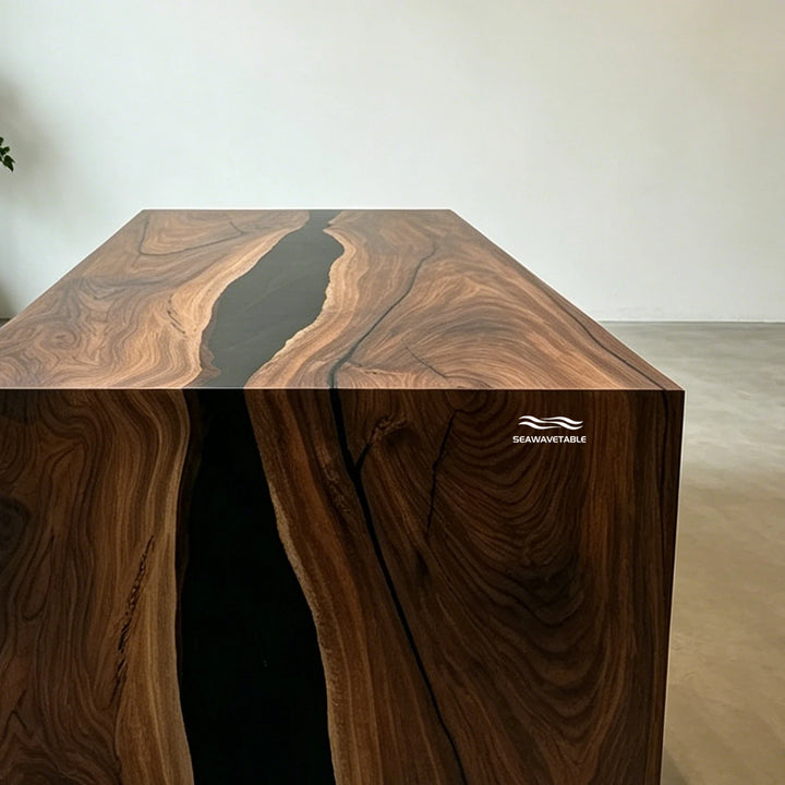 SeawaveTable epoxy pouring process for black walnut waterfall table