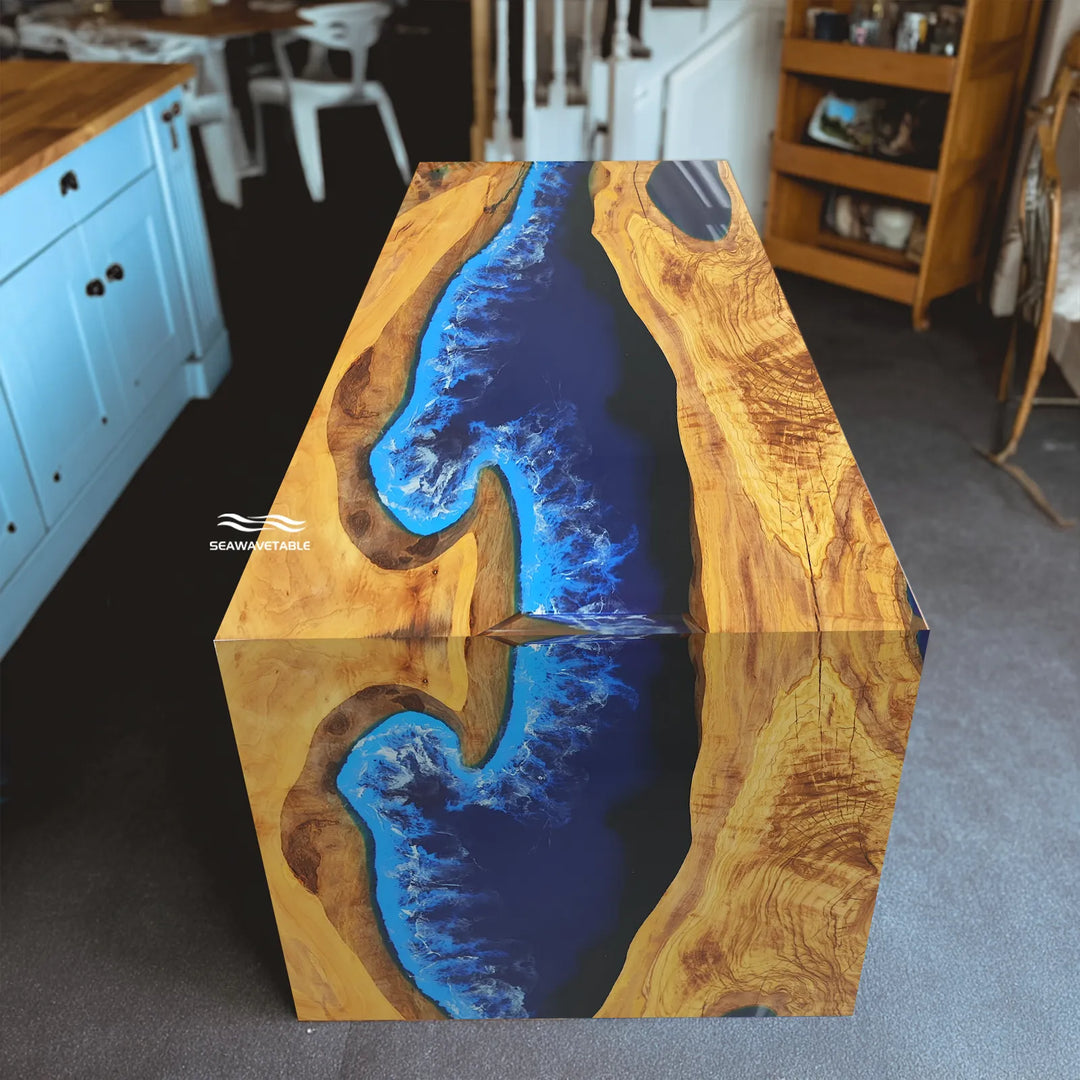 olive wood epoxy river waterfall conference table modern office setting