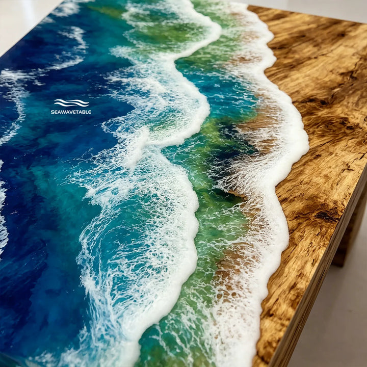 poplar wood epoxy waterfall conference table with blue ocean resin design