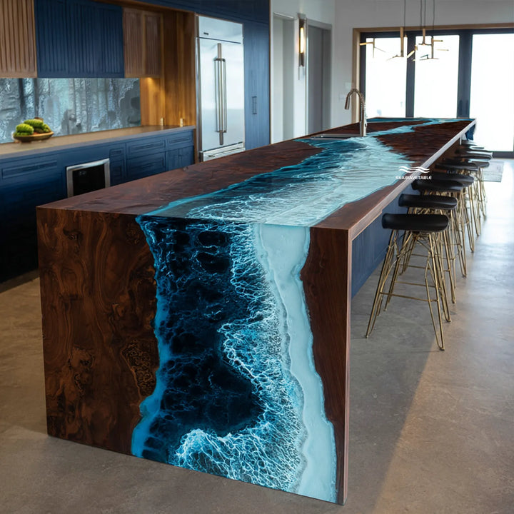 epoxy waterfall countertop in modern kitchen with black walnut wood and sink