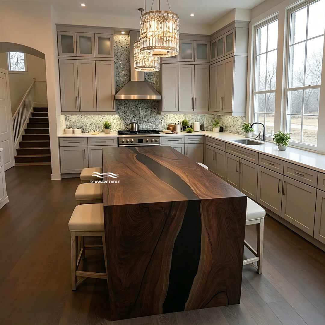 SeawaveTable epoxy waterfall kitchen countertop black walnut matte finish