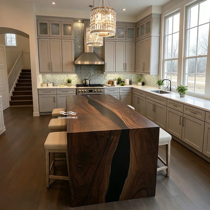 SeawaveTable epoxy waterfall kitchen countertop black walnut matte finish